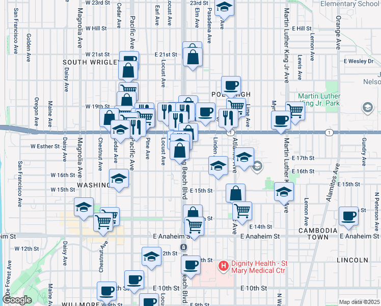 map of restaurants, bars, coffee shops, grocery stores, and more near in Long Beach