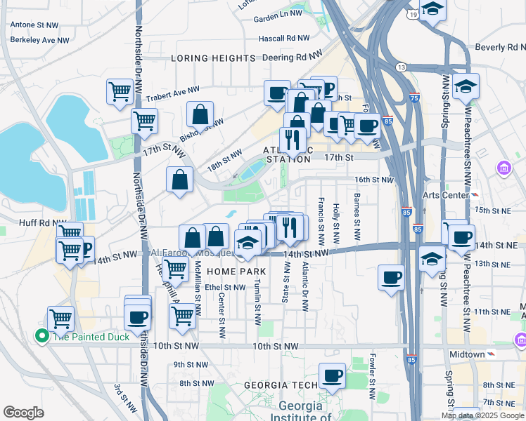 map of restaurants, bars, coffee shops, grocery stores, and more near 1220 Mecaslin Street Northwest in Atlanta