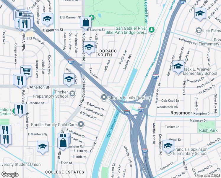 map of restaurants, bars, coffee shops, grocery stores, and more near 7100 East Atherton Drive in Long Beach