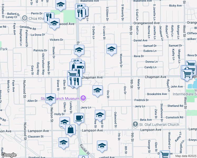 map of restaurants, bars, coffee shops, grocery stores, and more near 11175 Pioneer Lane in Garden Grove