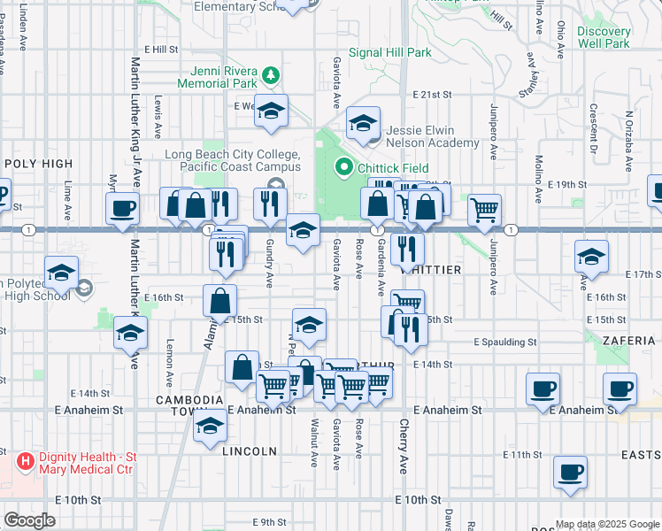 map of restaurants, bars, coffee shops, grocery stores, and more near 1717 Gaviota Avenue in Long Beach