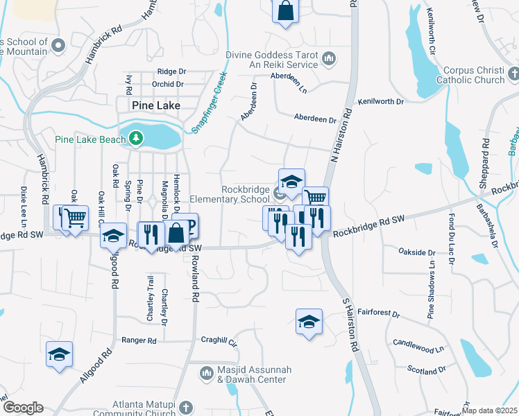 map of restaurants, bars, coffee shops, grocery stores, and more near 4647 Randalwood Drive in Stone Mountain