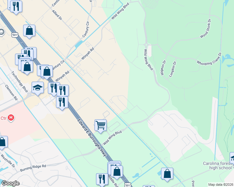 map of restaurants, bars, coffee shops, grocery stores, and more near 1058 Fairway Lane in Conway