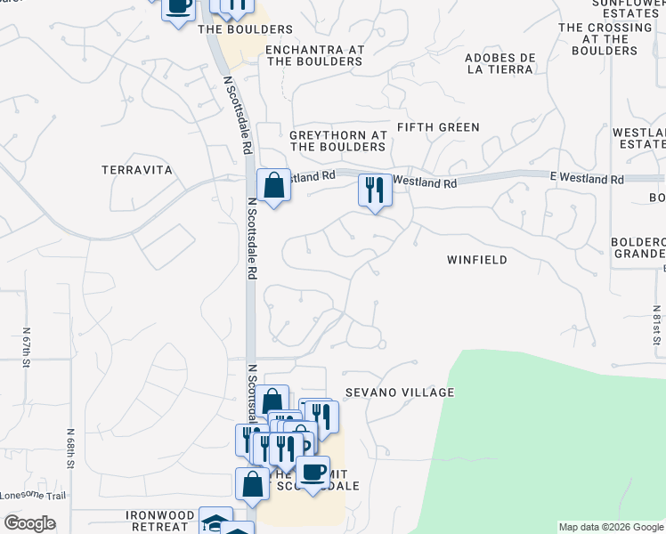 map of restaurants, bars, coffee shops, grocery stores, and more near 7350 East Eagle Feather Road in Scottsdale