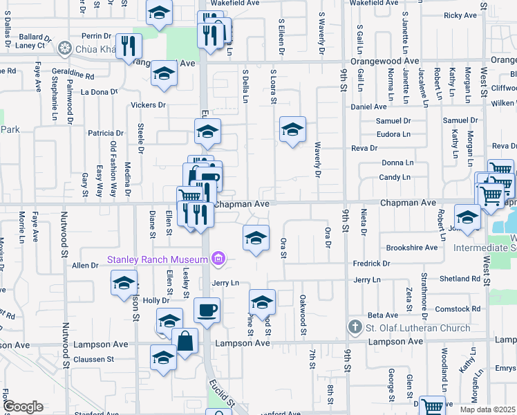 map of restaurants, bars, coffee shops, grocery stores, and more near 11175 Pioneer Lane in Garden Grove