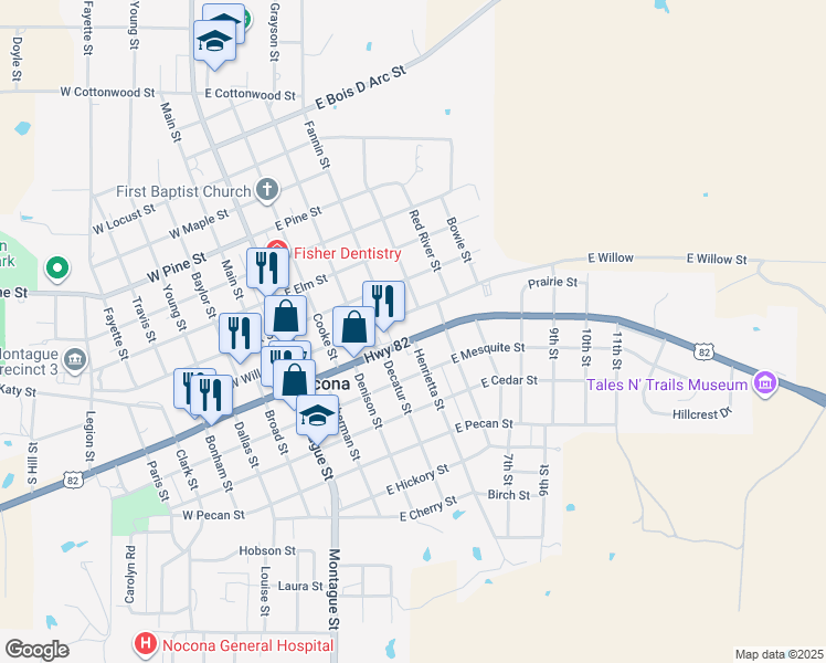 map of restaurants, bars, coffee shops, grocery stores, and more near 501 East Willow Street in Nocona