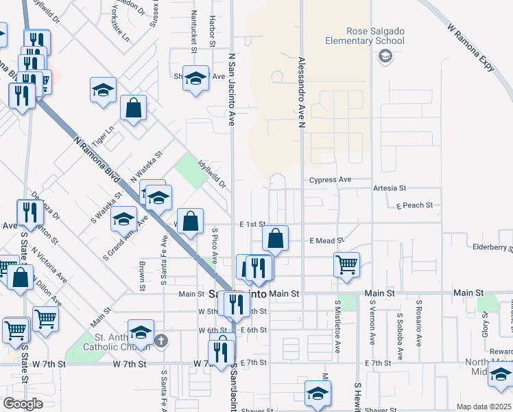 map of restaurants, bars, coffee shops, grocery stores, and more near 153 North Sheriff Avenue in San Jacinto
