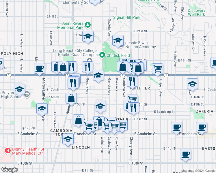 map of restaurants, bars, coffee shops, grocery stores, and more near 1717 Gaviota Avenue in Long Beach