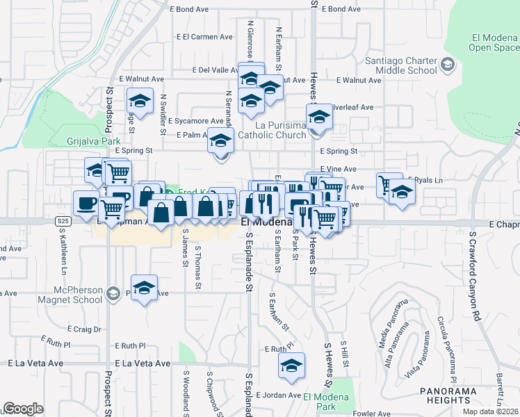 map of restaurants, bars, coffee shops, grocery stores, and more near 18532 East Pearl Avenue in Orange