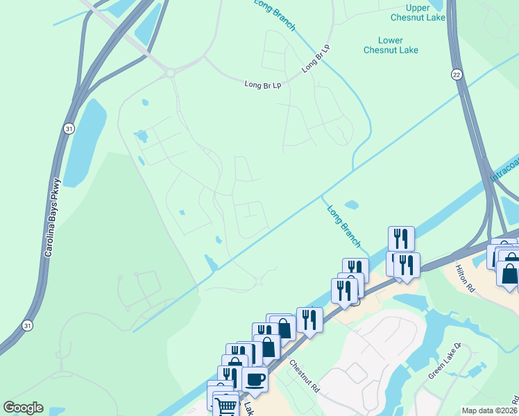 map of restaurants, bars, coffee shops, grocery stores, and more near 6810 Long Bay Road in Longs