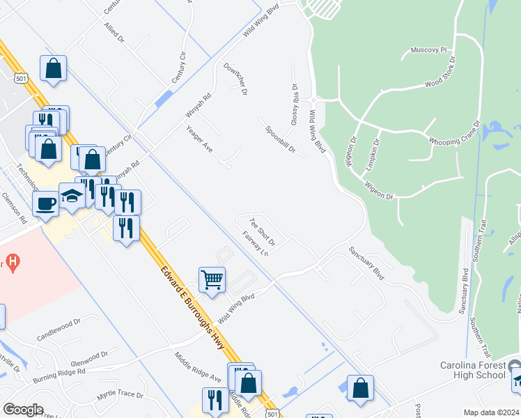map of restaurants, bars, coffee shops, grocery stores, and more near 1046 Fairway Lane in Conway