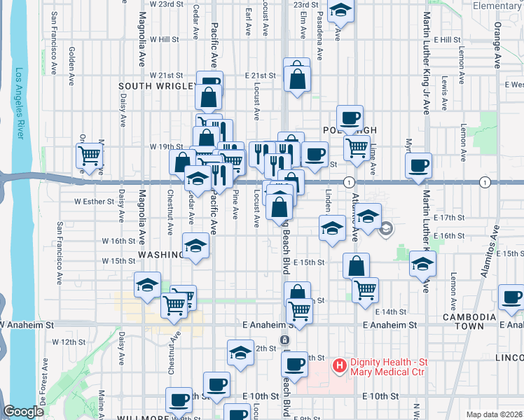 map of restaurants, bars, coffee shops, grocery stores, and more near 1716 Locust Avenue in Long Beach