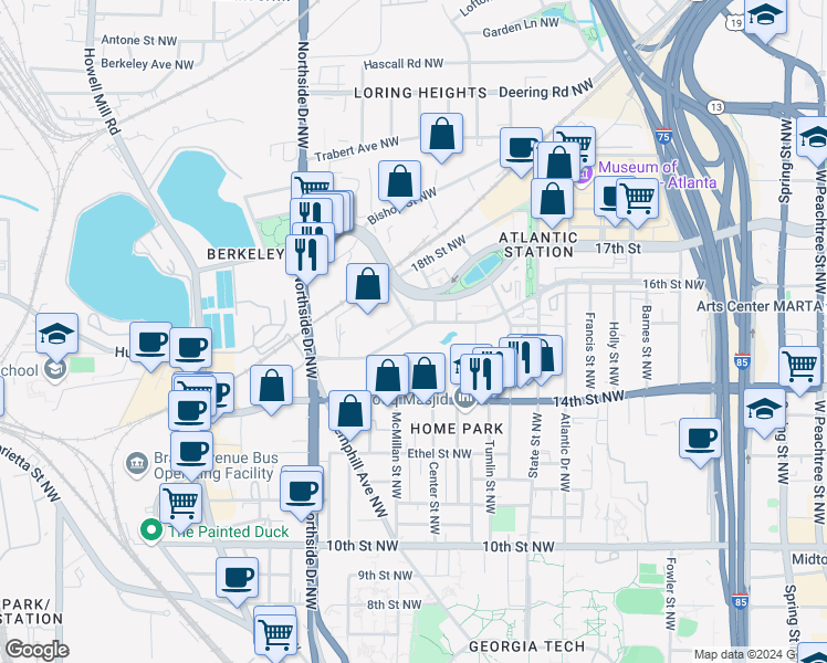 map of restaurants, bars, coffee shops, grocery stores, and more near 450 16th Street Northwest in Atlanta