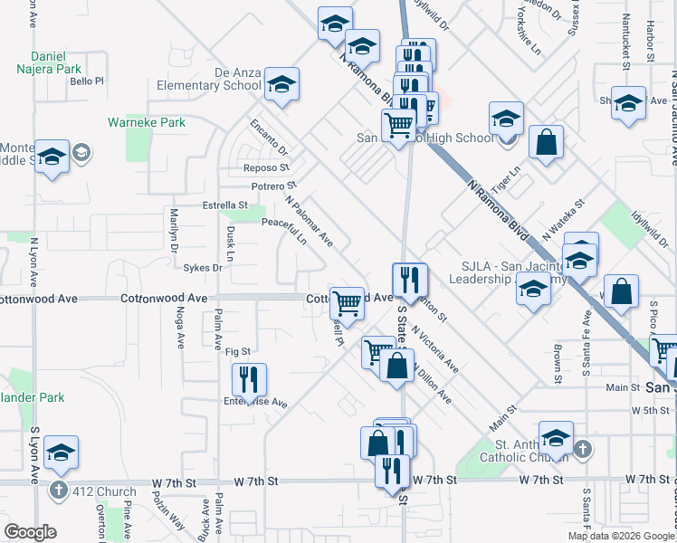 map of restaurants, bars, coffee shops, grocery stores, and more near 175 North Manzanita Court in San Jacinto