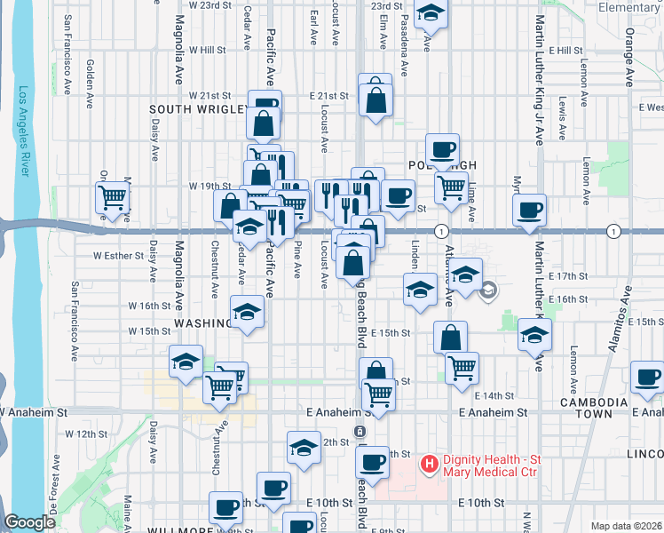 map of restaurants, bars, coffee shops, grocery stores, and more near 1716 Locust Avenue in Long Beach