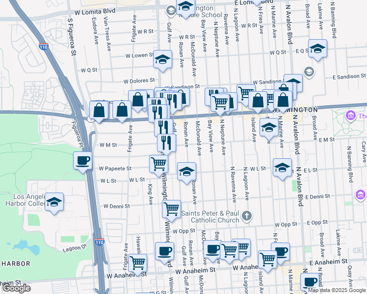 map of restaurants, bars, coffee shops, grocery stores, and more near 1310 Gulf Avenue in Los Angeles