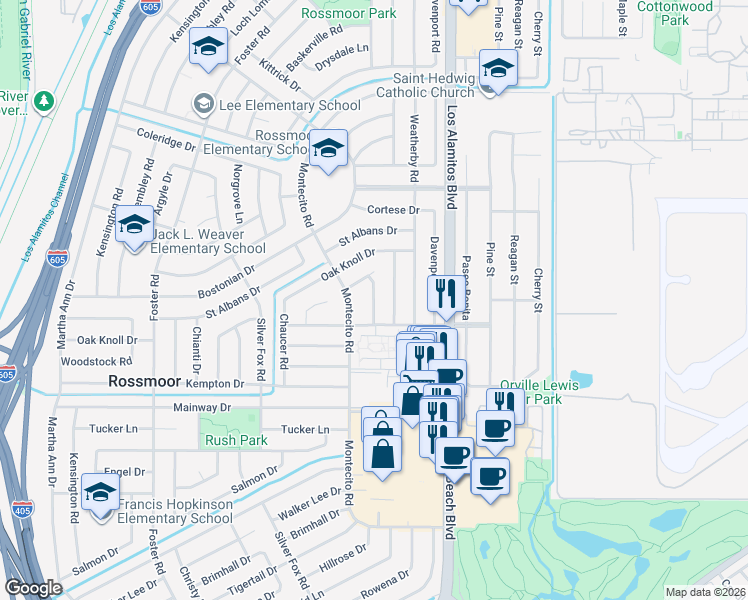 map of restaurants, bars, coffee shops, grocery stores, and more near 3292 Wendy Way in Los Alamitos