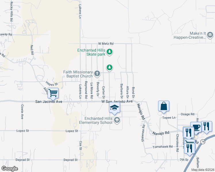 map of restaurants, bars, coffee shops, grocery stores, and more near 200 Diana Street in Perris