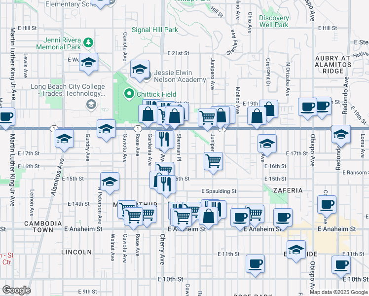 map of restaurants, bars, coffee shops, grocery stores, and more near 1706 Sherman Place in Long Beach