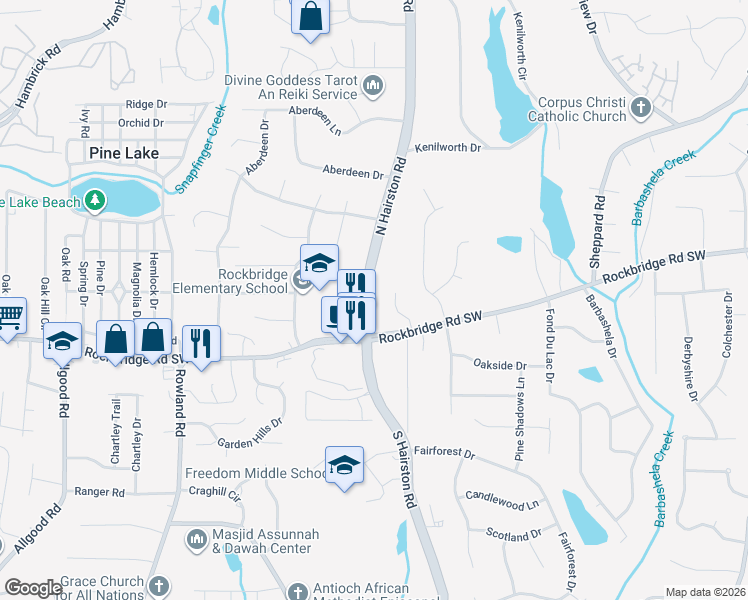 map of restaurants, bars, coffee shops, grocery stores, and more near 437 North Hairston Road in Stone Mountain