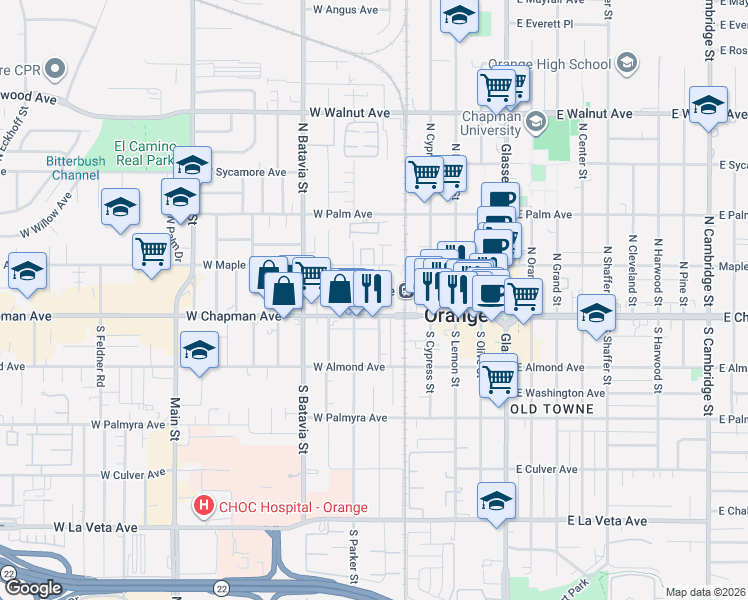 map of restaurants, bars, coffee shops, grocery stores, and more near 128 North Pixley Street in Orange