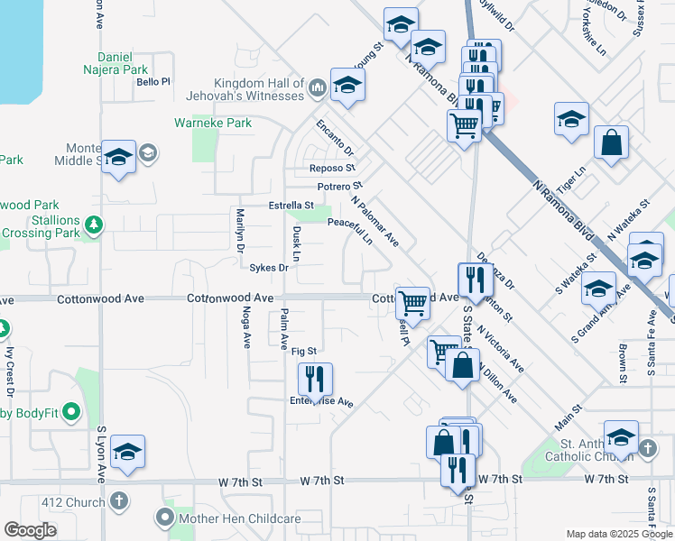map of restaurants, bars, coffee shops, grocery stores, and more near 176 Nightfall Road in San Jacinto
