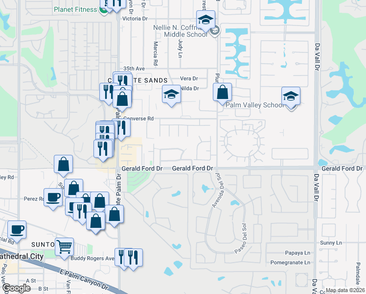map of restaurants, bars, coffee shops, grocery stores, and more near 35791 Canada Circle in Cathedral City