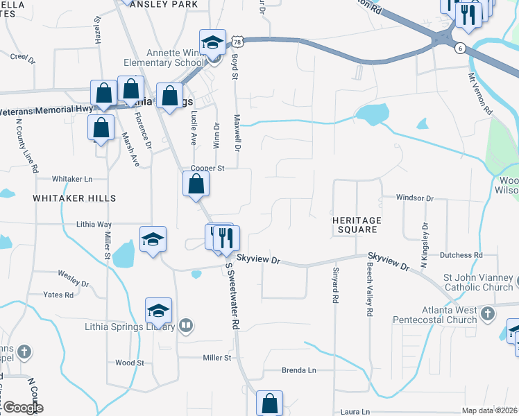 map of restaurants, bars, coffee shops, grocery stores, and more near 2392 Skypine Court in Lithia Springs