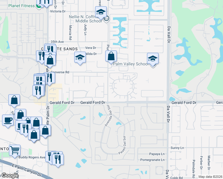 map of restaurants, bars, coffee shops, grocery stores, and more near 69517 Iberia Court in Rancho Mirage
