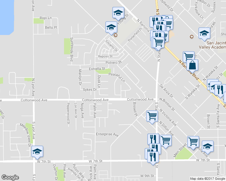 map of restaurants, bars, coffee shops, grocery stores, and more near 176 Nightfall Road in San Jacinto