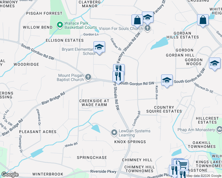 map of restaurants, bars, coffee shops, grocery stores, and more near 6790 Factory Shoals Road Southwest in Mableton