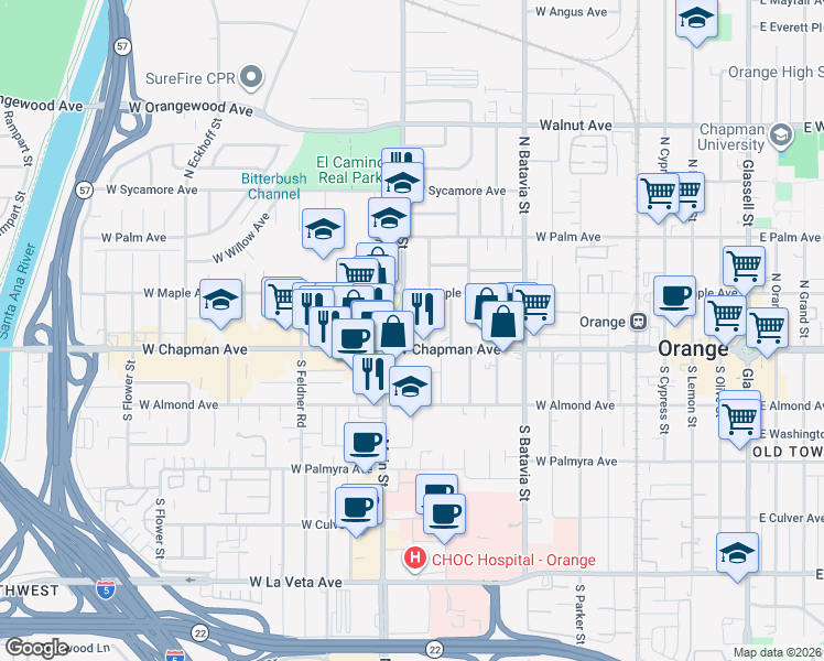 map of restaurants, bars, coffee shops, grocery stores, and more near 127 North Little Main Street in Orange