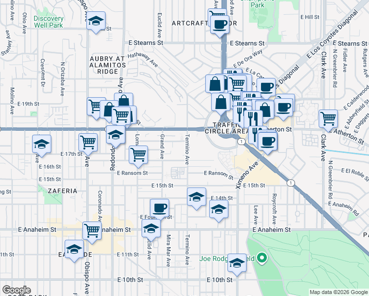 map of restaurants, bars, coffee shops, grocery stores, and more near 1715 Termino Avenue in Long Beach