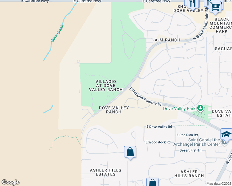 map of restaurants, bars, coffee shops, grocery stores, and more near North Black Mountain Parkway in Cave Creek