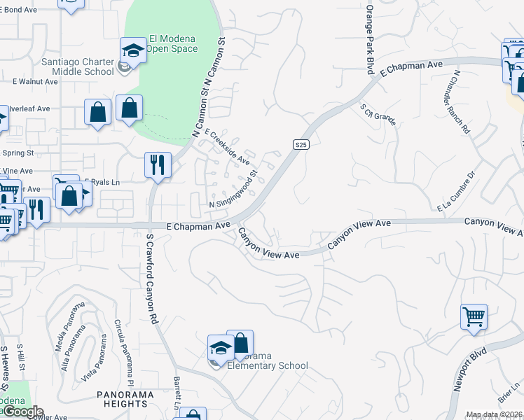 map of restaurants, bars, coffee shops, grocery stores, and more near 6040 East Cadbury Drive in Orange