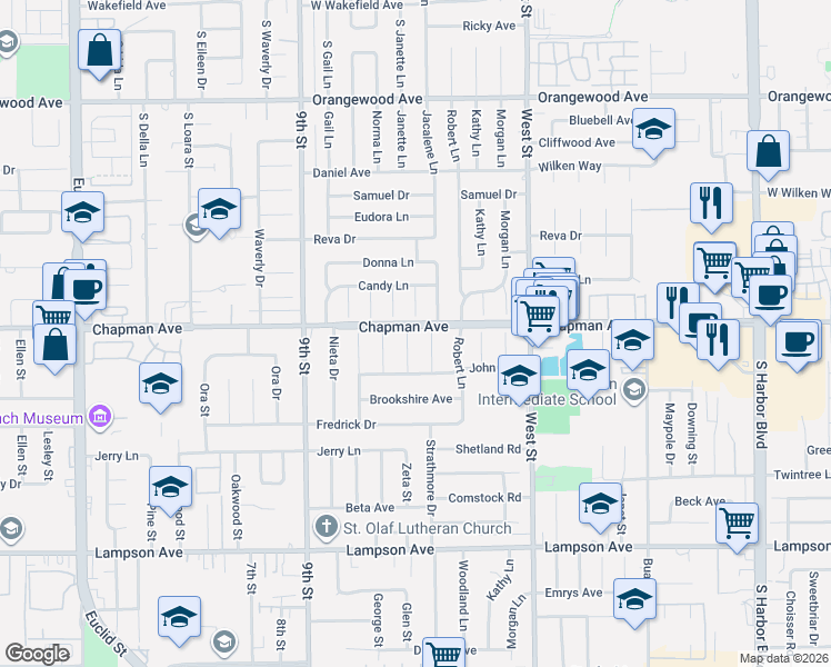map of restaurants, bars, coffee shops, grocery stores, and more near 11971 Jennifer Lane in Garden Grove