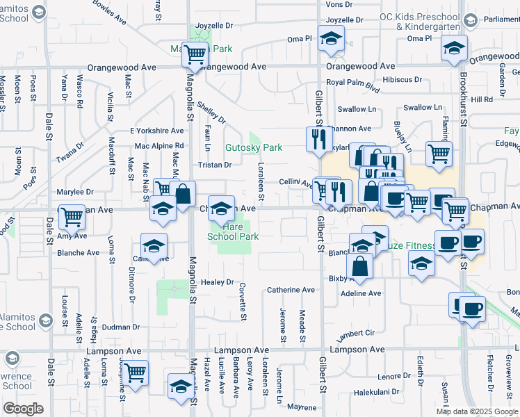 map of restaurants, bars, coffee shops, grocery stores, and more near 9281 Chapman Avenue in Garden Grove