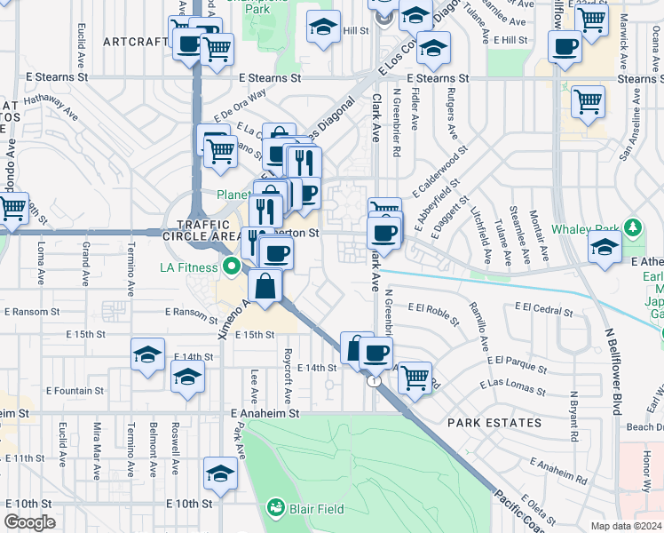map of restaurants, bars, coffee shops, grocery stores, and more near 5052 East Atherton Street in Long Beach