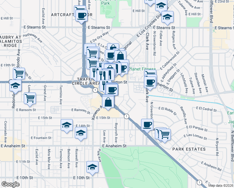 map of restaurants, bars, coffee shops, grocery stores, and more near 1742 Ximeno Avenue in Long Beach