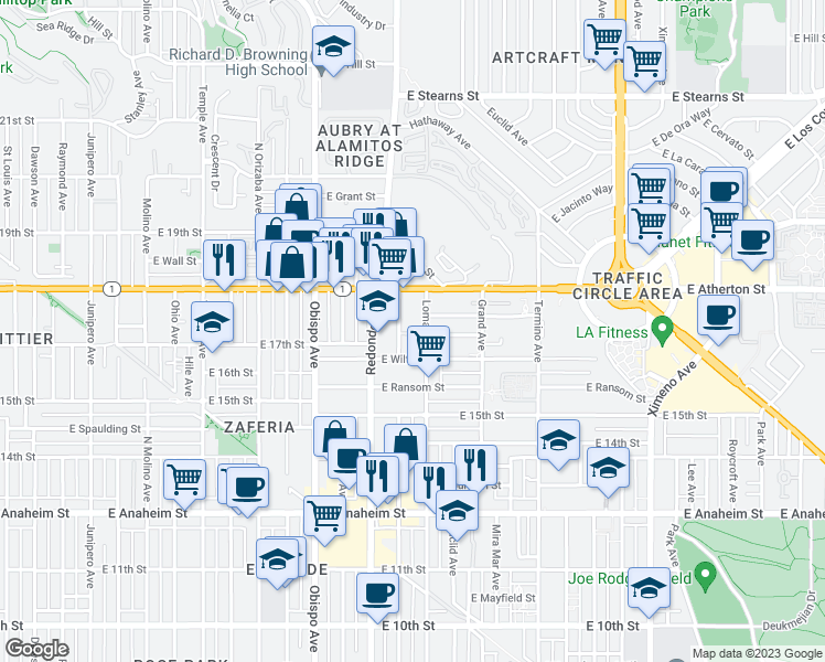 map of restaurants, bars, coffee shops, grocery stores, and more near 1751 Loma Avenue in Long Beach