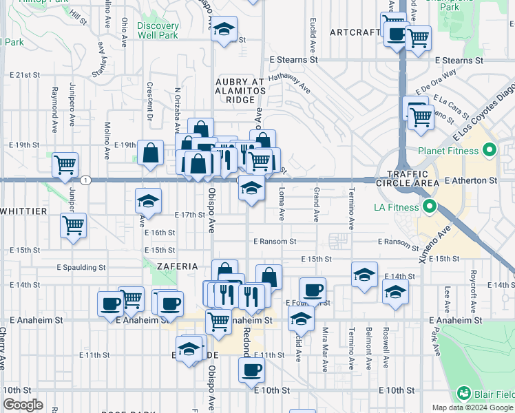 map of restaurants, bars, coffee shops, grocery stores, and more near 1754 Redondo Avenue in Long Beach