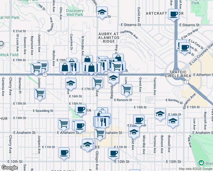 map of restaurants, bars, coffee shops, grocery stores, and more near 1730 Coronado Avenue in Long Beach