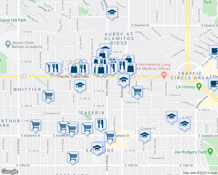 map of restaurants, bars, coffee shops, grocery stores, and more near 1749 Obispo Avenue in Long Beach