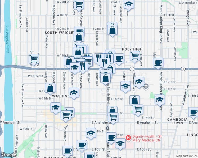 map of restaurants, bars, coffee shops, grocery stores, and more near 1750 Locust Avenue in Long Beach