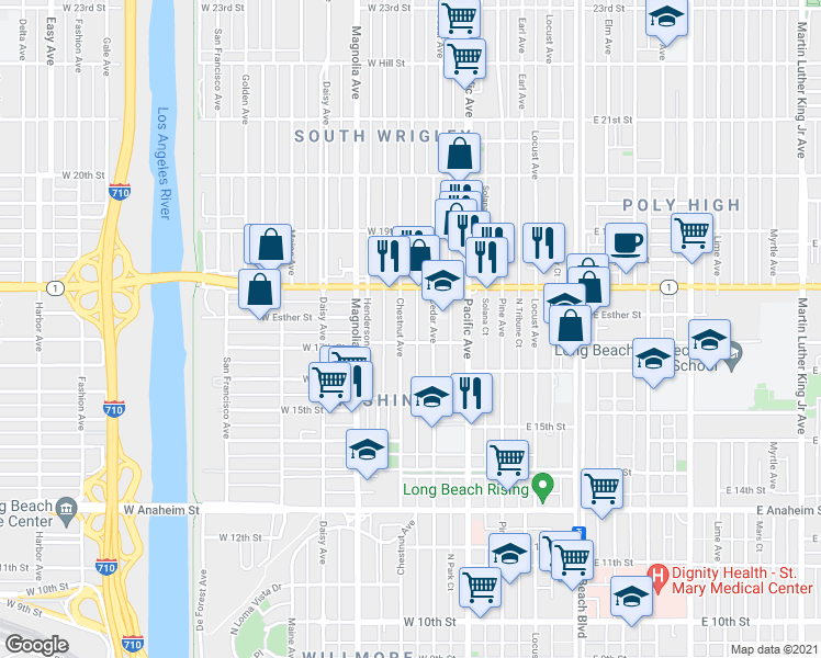 map of restaurants, bars, coffee shops, grocery stores, and more near 1749 Cedar Avenue in Long Beach
