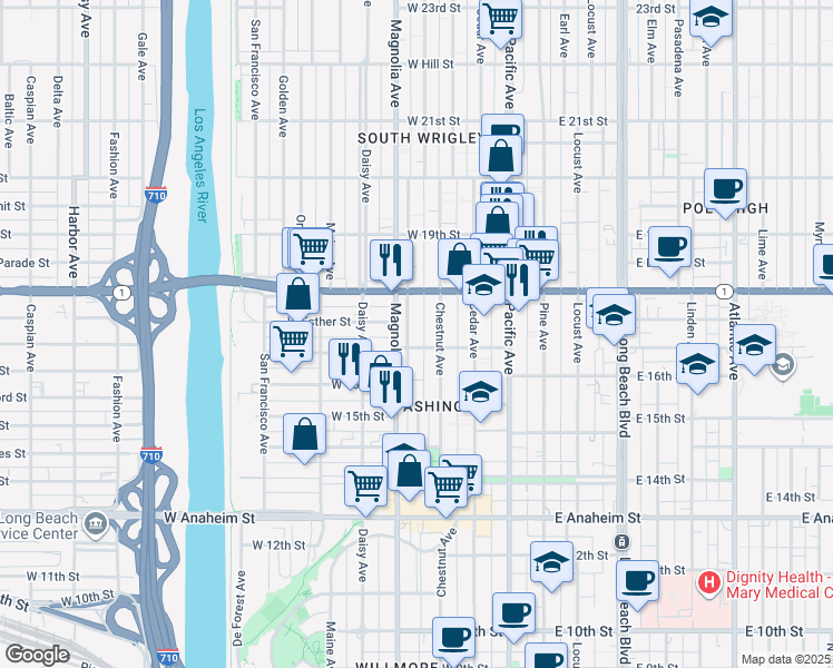 map of restaurants, bars, coffee shops, grocery stores, and more near 1750 Henderson Avenue in Long Beach