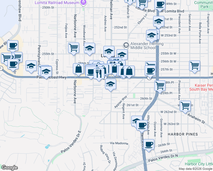 map of restaurants, bars, coffee shops, grocery stores, and more near 2018 Pacific Coast Highway in Lomita