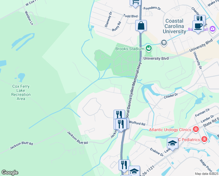 map of restaurants, bars, coffee shops, grocery stores, and more near 1019 Buccaneers Cove in Conway