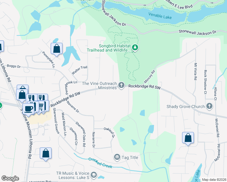 map of restaurants, bars, coffee shops, grocery stores, and more near 6006 Rockbridge Road Southwest in Stone Mountain