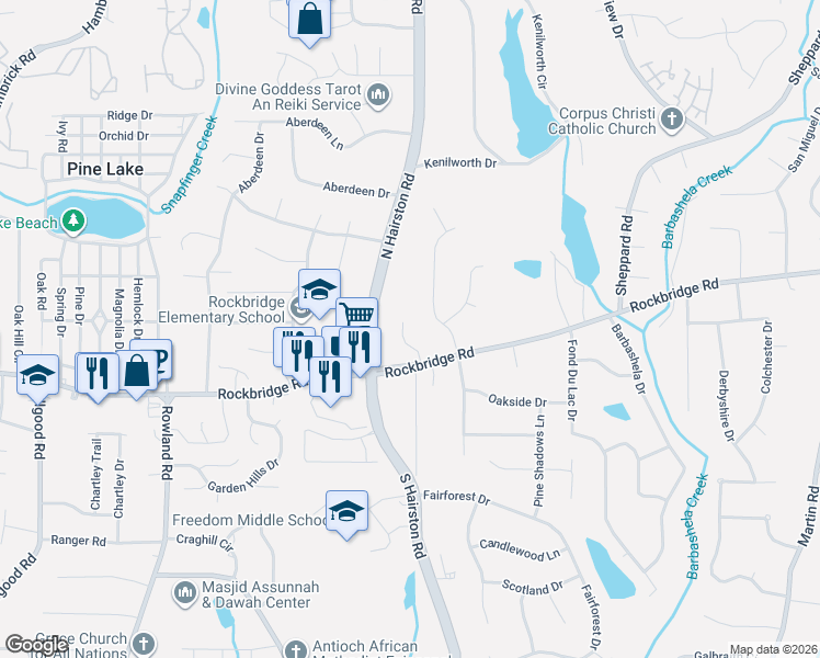 map of restaurants, bars, coffee shops, grocery stores, and more near 481 Stonebridge Court in Stone Mountain